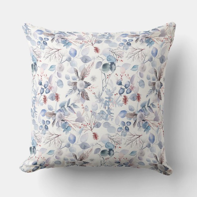 Pretty Watercolour Winter Blue Floral  Cushion (Front)