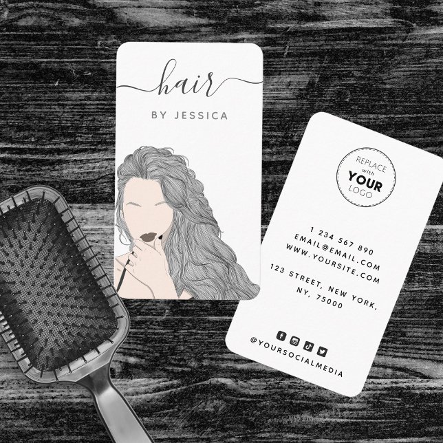 Pretty Wavy Grey Hairstyle Girl Illustration Logo Business Card (Creator Uploaded)