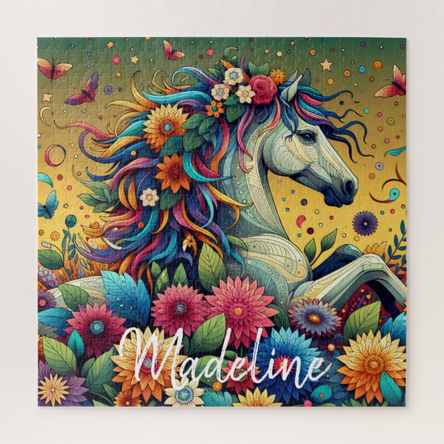 Pretty Whimsical Colourful Flowers and White Horse Jigsaw Puzzle (Vertical)