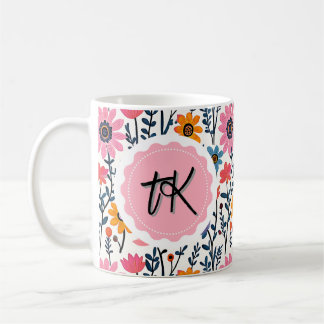 Pretty Whimsical Colourful Flowers Monogrammed Coffee Mug
