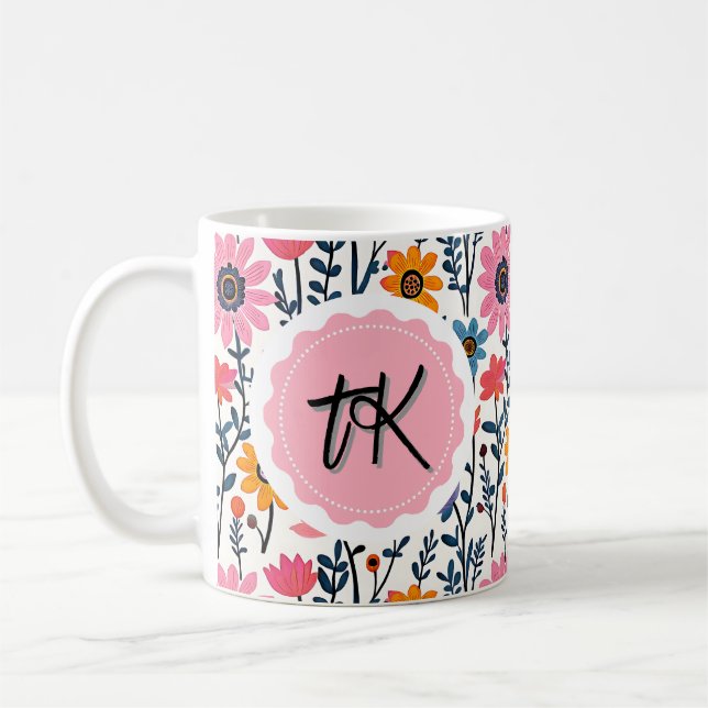 Pretty Whimsical Colourful Flowers Monogrammed Coffee Mug (Left)