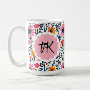 Pretty Whimsical Colourful Flowers Monogrammed Coffee Mug
