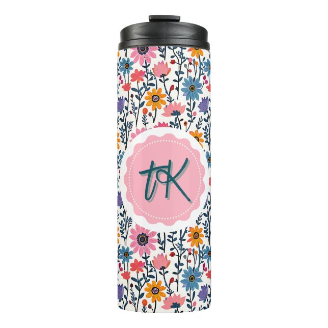 Pretty Whimsical Colourful Flowers Monogrammed Thermal Tumbler (Front)