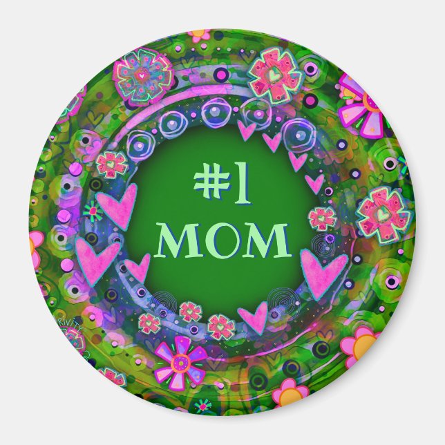 Pretty Whimsical Floral Fun #1 Mum Green Pink Magnet (Front)