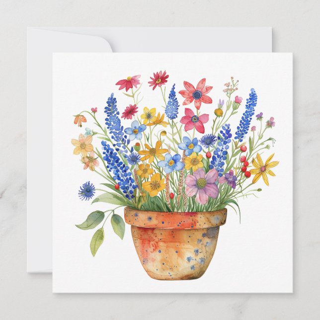 Pretty Whimsical Flowers in Pot Thinking of You  Card (Front)