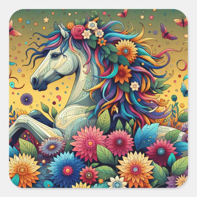 Pretty Whimsical Horse in Colourful Flowers Square Sticker (Front)