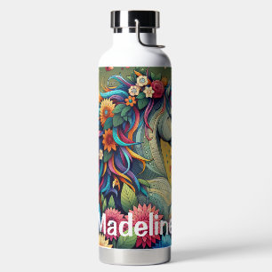 Pretty Whimsical Horse in Colourful Flowers Water Bottle