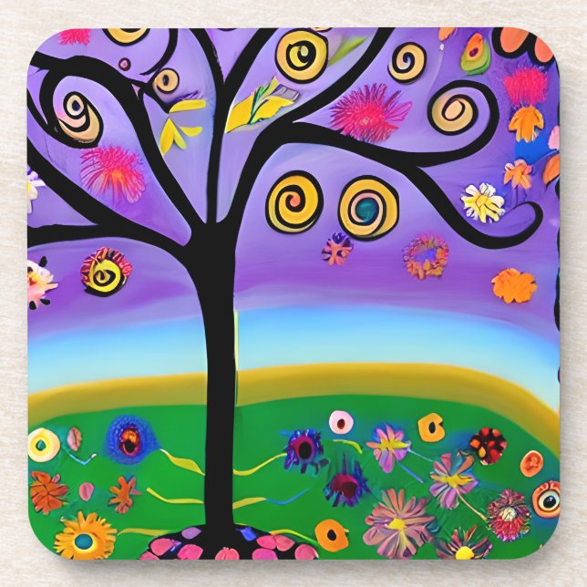 Pretty Whimsical Tree Folk Art Ai  Generated Art Coaster (Front)