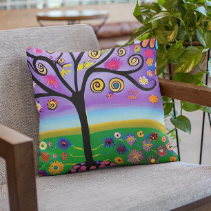 Pretty Whimsical Tree Folk Art Ai Generated Art Cushion