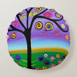 Pretty Whimsical Tree Folk Art Ai Generated Art Round Cushion