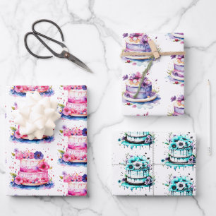Pretty Whimsical Watercolor Birthday Cake Wrapping Paper Sheet