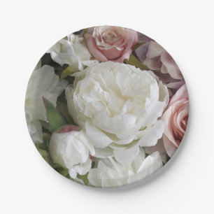 Pretty white and peach peony floral paper plates