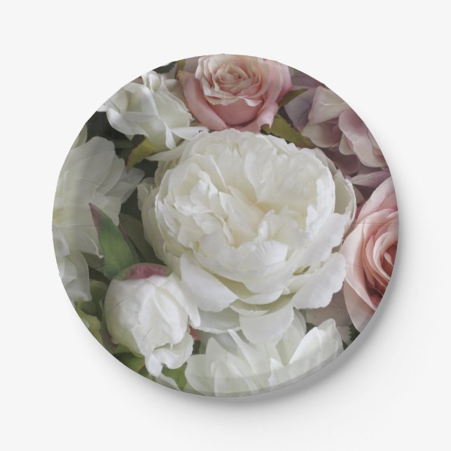 Pretty white and peach peony floral paper plates (Front)