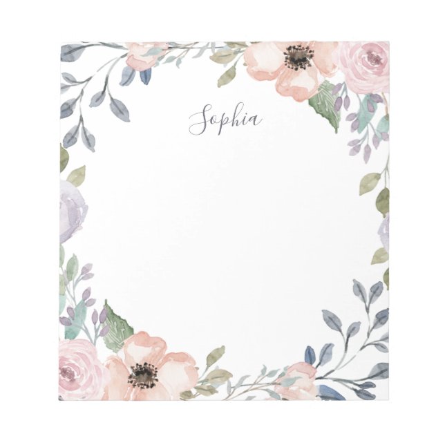 Pretty White and Trendy Pink Watercolor Floral Notepad (Front)
