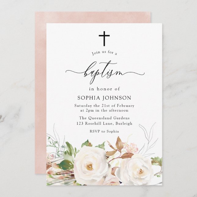 Pretty White Blush Watercolor Floral Girls Baptism Invitation (Front/Back)