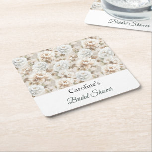 Pretty White Brown Floral Bridal Shower Square Paper Coaster