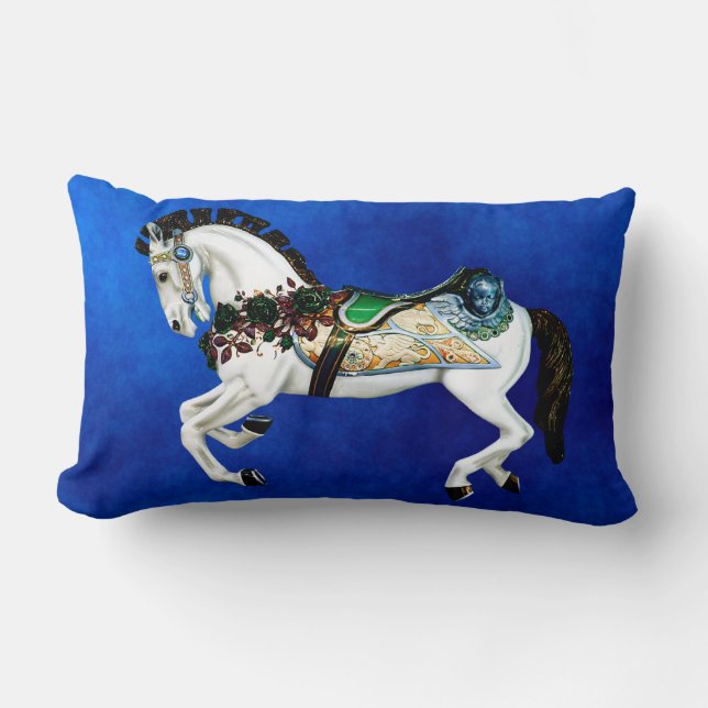Pretty White Carousel Horse on Deep Blue Lumbar Cushion (Front)