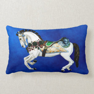 Pretty White Carousel Horse on Deep Blue Lumbar Cushion