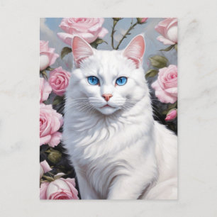 Pretty white cat and pink roses postcard