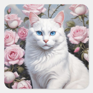 Pretty white cat and pink roses square sticker