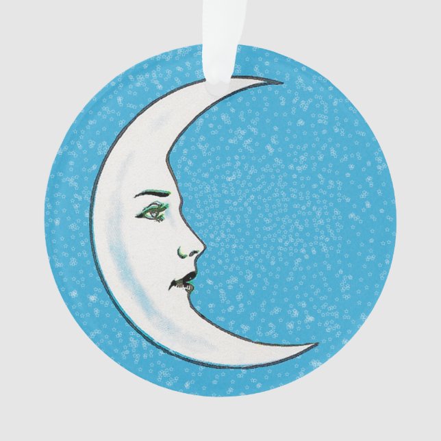 Pretty White Crescent Moon With Face Stars Blue Ornament (Front)