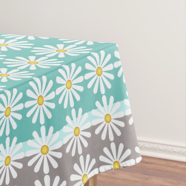 Pretty white daisies on bluegreen and grey tablecloth (In Situ)