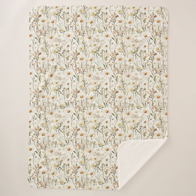 Pretty White Daisy Flowers Birthday Sherpa Blanket (Front)