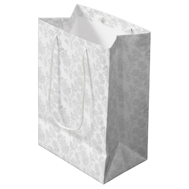 Pretty White Damask Floral Print Medium Gift Bag (Front Angled)
