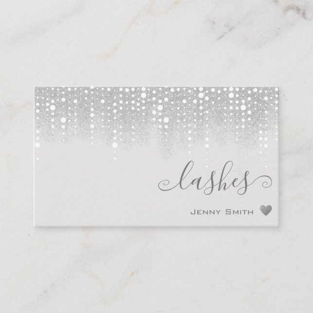 Pretty White Dripping Silver Glitter Rain Lashes Business Card (Front)