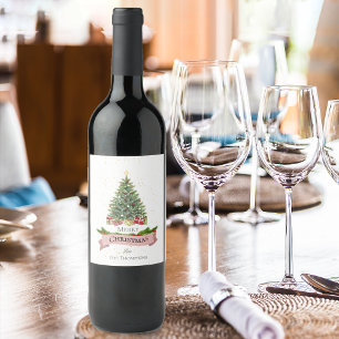 Pretty White Faux Pink Glitter Merry Christmas Wine Label