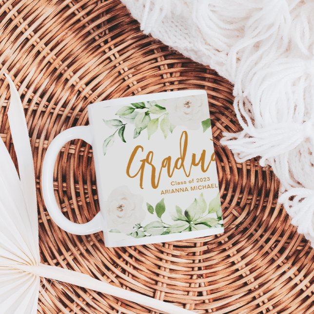 Pretty White Floral Graduate Script 2024 Two Sided Large Coffee Mug (Creator Uploaded)