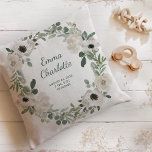 Pretty White Flowers and Greenery Baby Birth Stats Cushion<br><div class="desc">This pretty baby birth stats pillow features a floral wreath with watercolor white and soft grey flowers and green leaves and foliage,  in a wreath on a simple white background. Add your baby's name in trendy modern script,  and add all the newborn's birth statistics.</div>