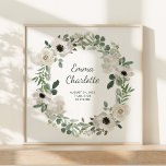 Pretty White Flowers and Greenery Baby Birth Stats Poster<br><div class="desc">This pretty baby birth stats poster features a floral wreath with watercolor white and soft grey flowers and green leaves and foliage,  on a simple white background. Add your baby's name in trendy modern script,  and add all the newborn's birth statistics.</div>