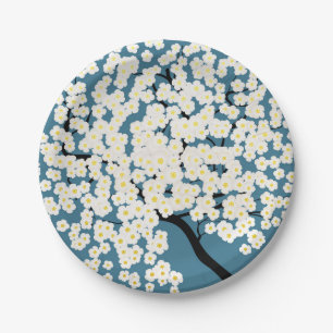 Pretty White Flowers Blossom Tree Art Paper Plate