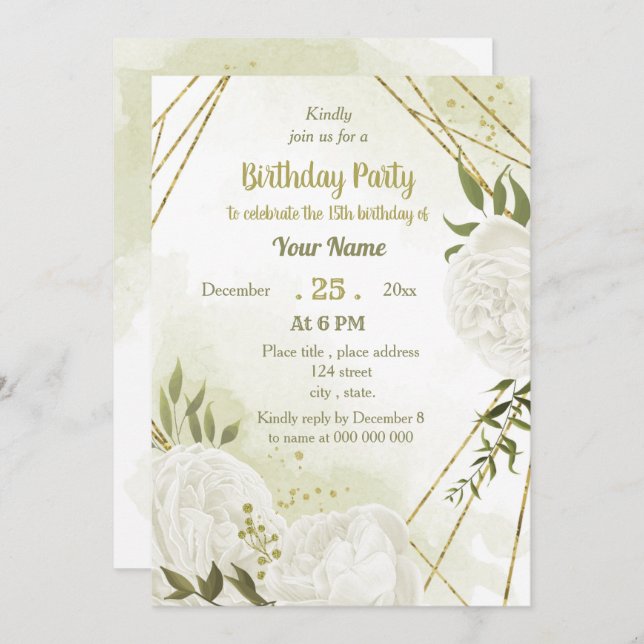 pretty white flowers greenery birthday party invitation (Front/Back)