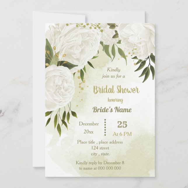  pretty white flowers greenery bridal shower invitation (Front)