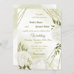 pretty white flowers greenery geometric wedding invitation