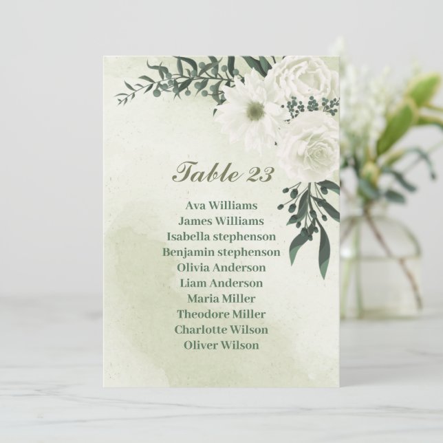 Pretty white flowers greenery seating chart card (Standing Front)