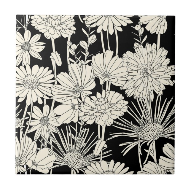 Pretty White Flowers on Black Background Ceramic Tile (Front)