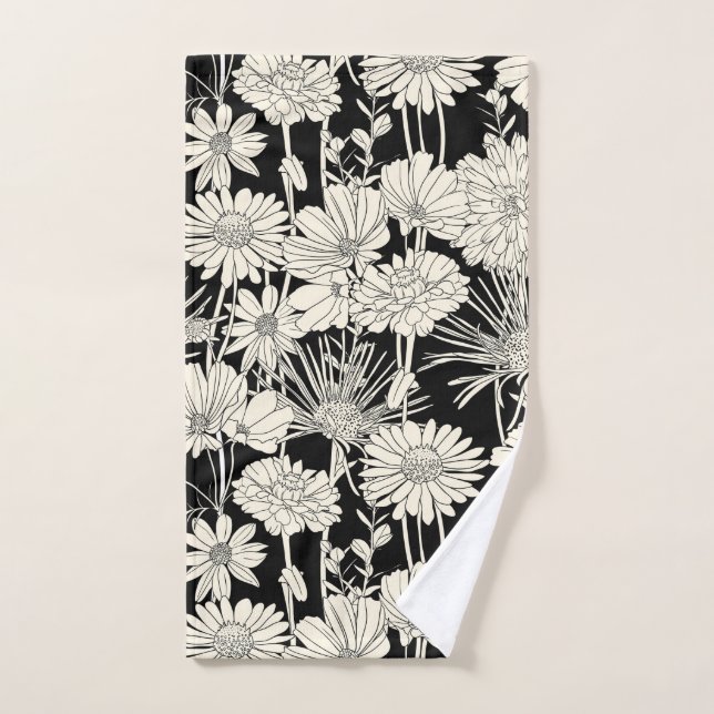 Pretty White Flowers on Black Background Hand Towel (Hand Towel)