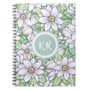 Pretty White Green Floral Flowers Leaves Monogram Notebook