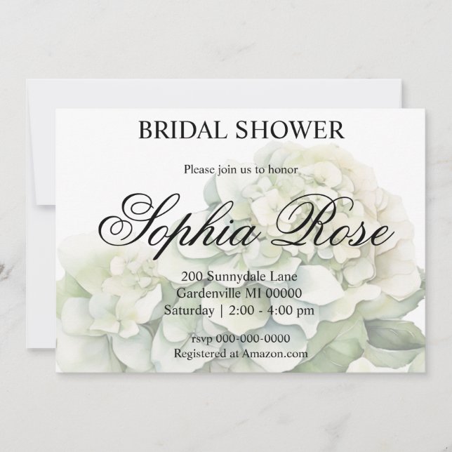 Pretty white green watercolor floral bridal shower invitation (Front)