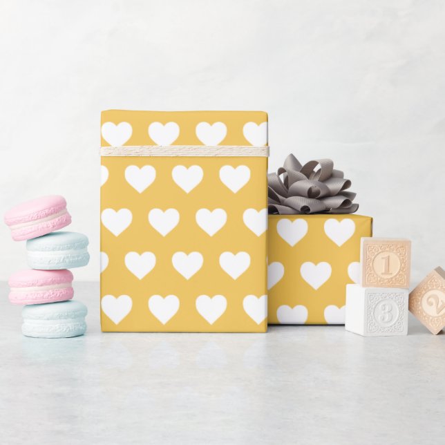 Pretty White Hearts Pattern Honey Yellow Wrapping Paper (Baby Shower)