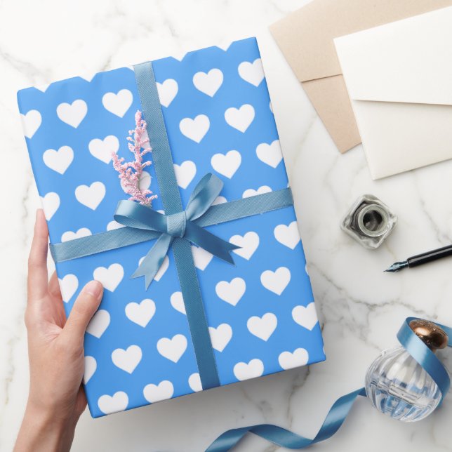 Pretty White Hearts Pattern Manganese Blue Wrapping Paper (Gifting)