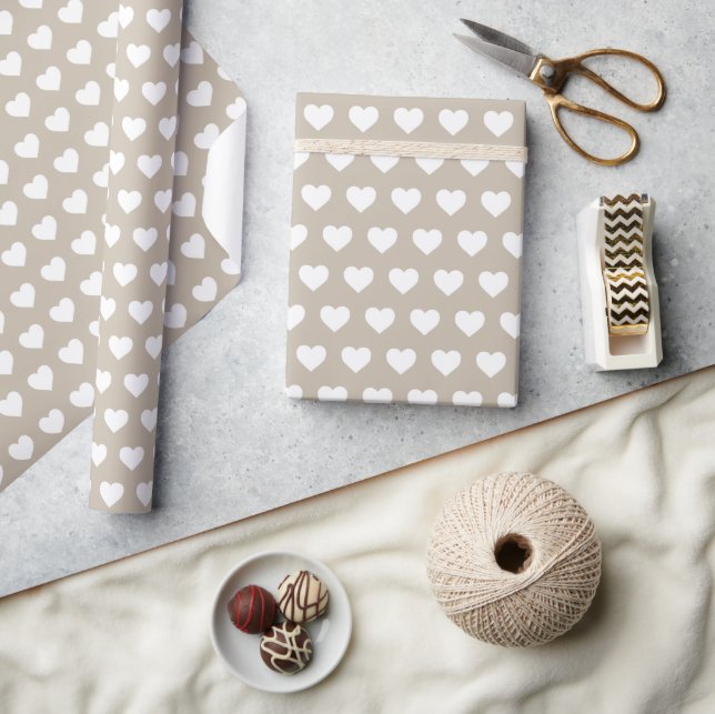 Pretty White Hearts Pattern Shiitake Grey Wrapping Paper (Crafts)