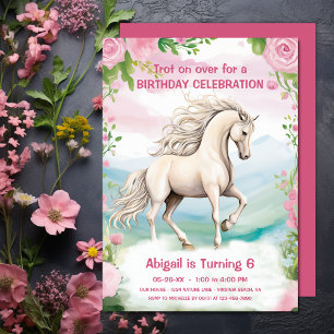 Pretty White Horse and Pink Flowers Birthday Invitation
