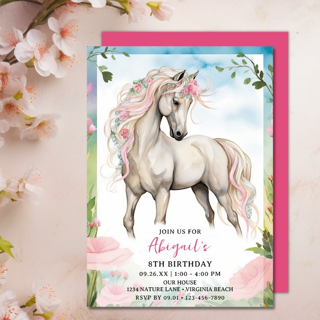 Pretty White Horse and Pink Flowers Birthday Invitation (Pretty White Horse and Pink Flowers Birthday Invitation)