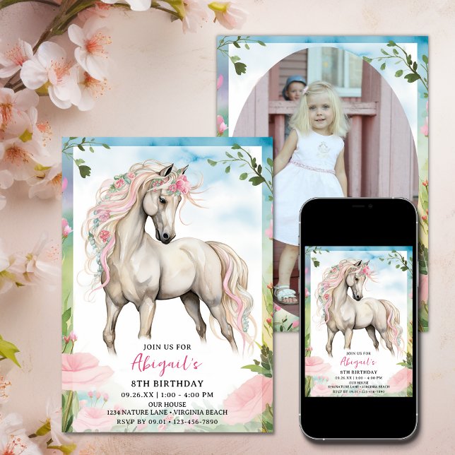 Pretty White Horse and Pink Flowers Photo Birthday Invitation (Pretty White Horse and Pink Flowers Photo Birthday Invitation)