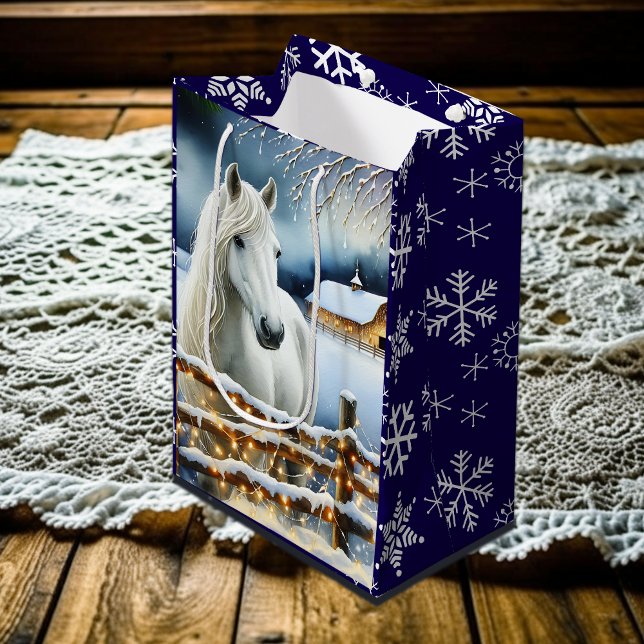 Pretty White Horse Festive Farm Christmas  Medium Gift Bag (Creator Uploaded)