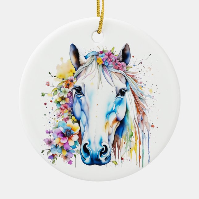 Pretty White Horse Floral Personalised  Ceramic Ornament (Front)